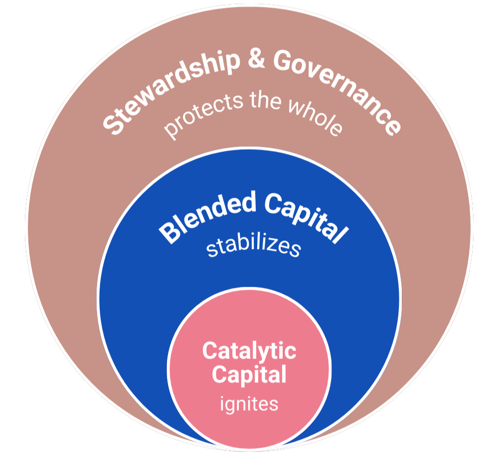 Diagram illustrating the layers of a financial or economic model, with three concentric circles labeled 'Catalytic Capital' at the center, 'Blended Capital' in the middle, and 'Stewardship & Governance' on the outer layer.