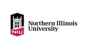 NIU logo featuring a black shield with a white Gothic-style building and a red banner with the letters 'NIU' at the bottom.