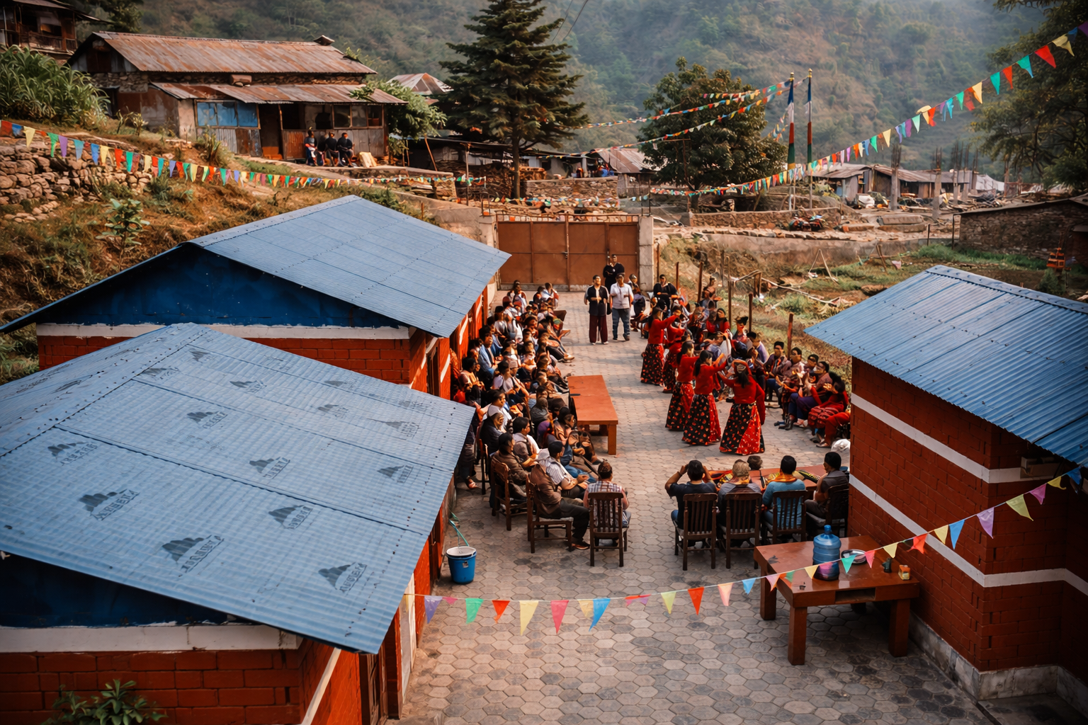 The Girls INpowerment Center & Dormitory in Nepal; a community gathering with people sitting on chairs and traditional dancers performing in an open courtyard, surrounded by houses with metal roofs and colorful flags strung across the area.