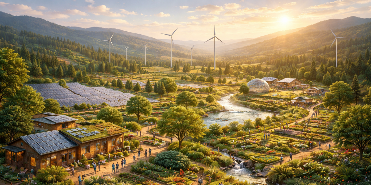 Scenic landscape of a sustainable farm with wind turbines, solar panels, lush greenery, a river, and people walking through the gardens at sunset.