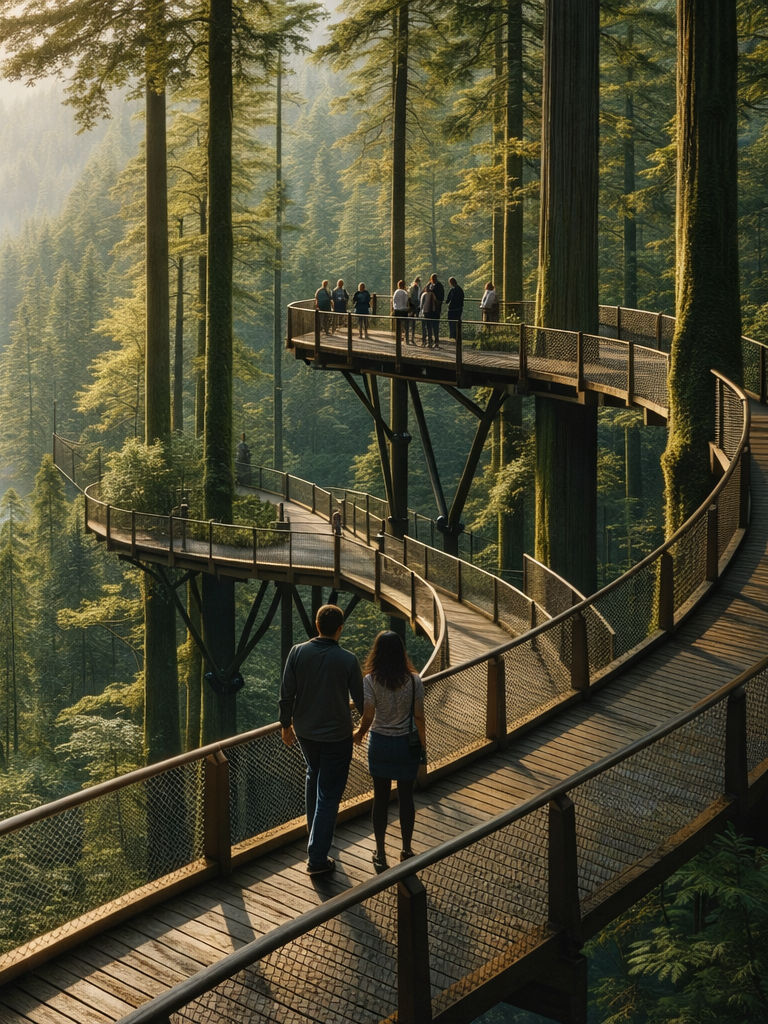 A couple walks hand-in-hand on a wooden boardwalk through a forest, with tall trees and people in the background enjoying the scenery from a lookout platform.
