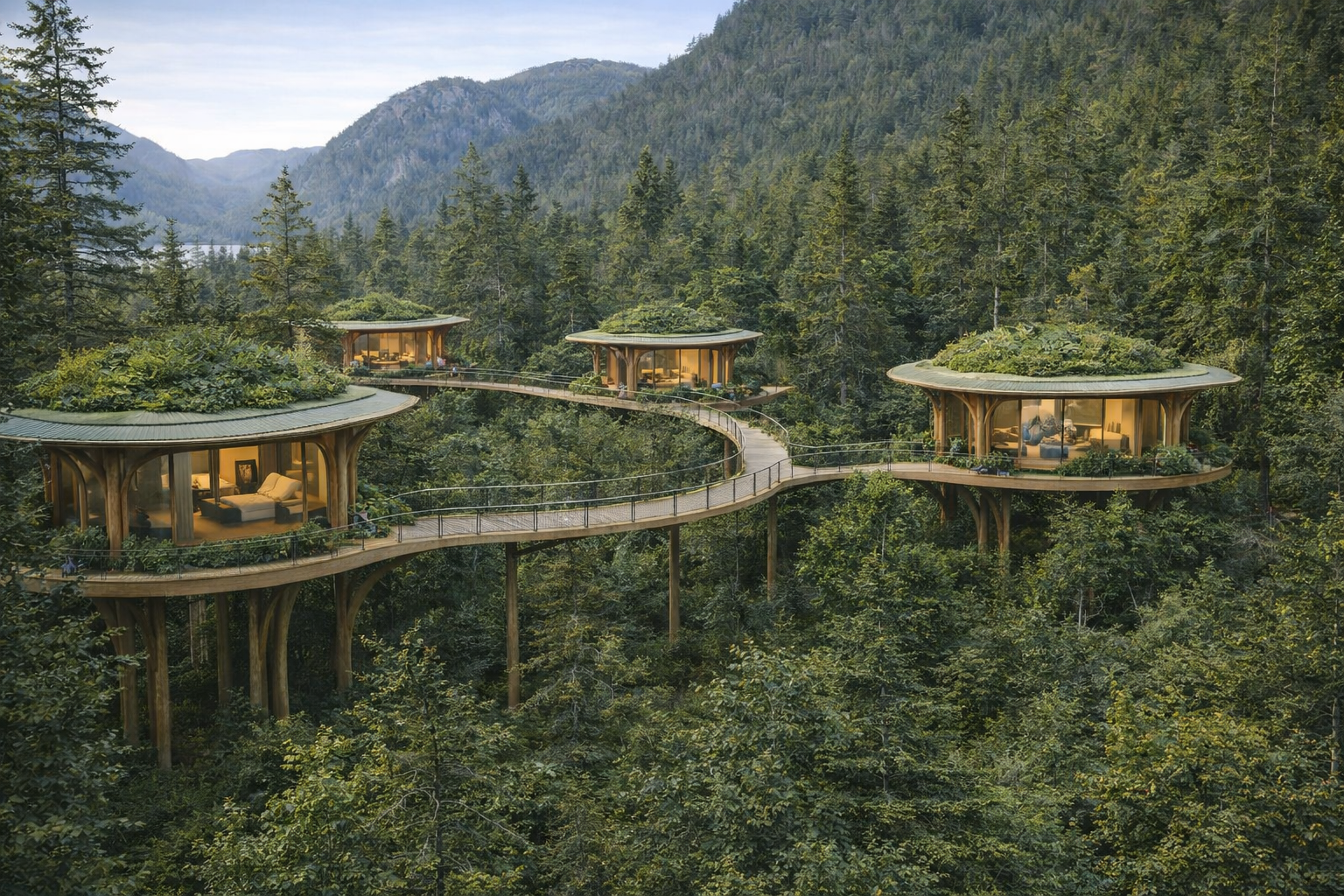 Multiple modern treehouse cabins with large glass windows and lush green roofs, connected by a winding wooden walkway in a dense forest with mountains in the background.