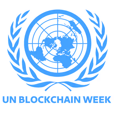 UN Blockchain Week logo with a globe and laurel wreath.