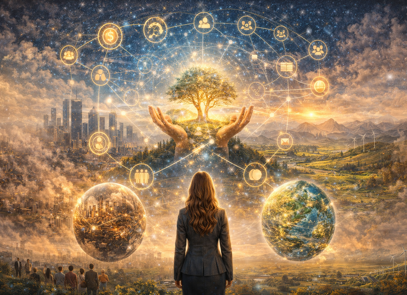 A woman in business attire watching a digital illustration of a glowing tree held by hands, surrounded by interconnected icons representing technology, communication, and environment, with cityscape and mountains in the background.