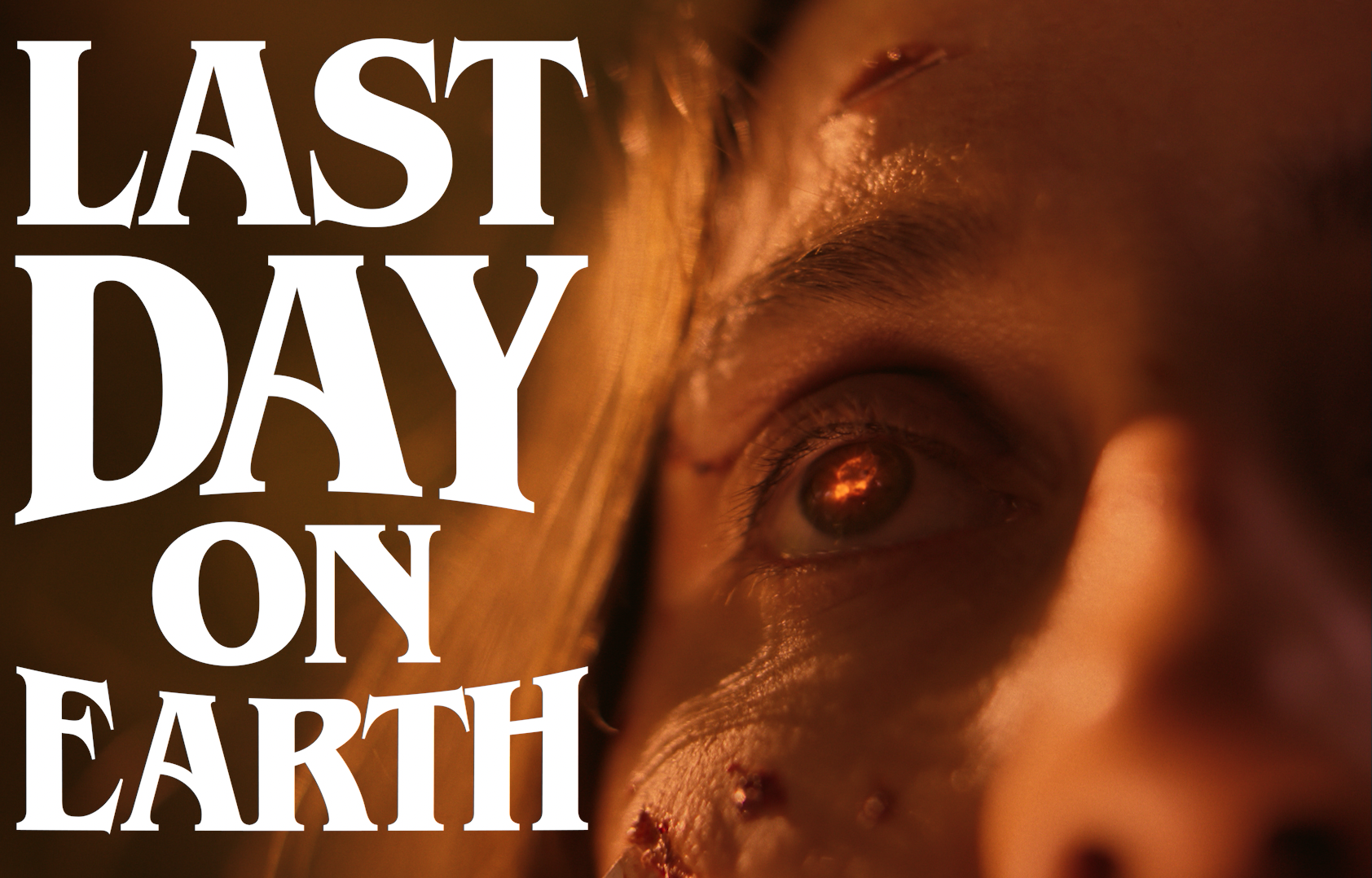 A close-up of a person's face with wide-open eyes, partly hidden by a wooden surface, overlaid with bold white text reading 'LAST DAY ON EARTH.'