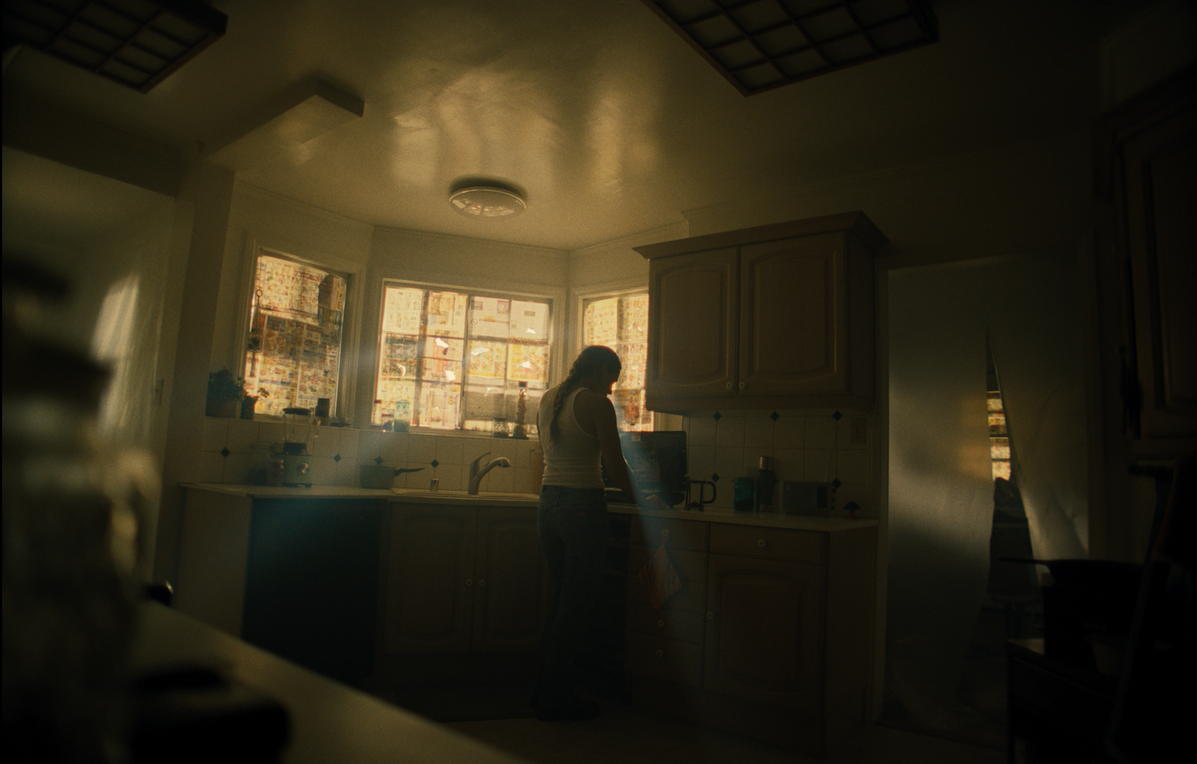 A woman in a kitchen, backlit by sunlight coming through three windows, standing near the counter with cabinets above and below, and various kitchen appliances on the counter.