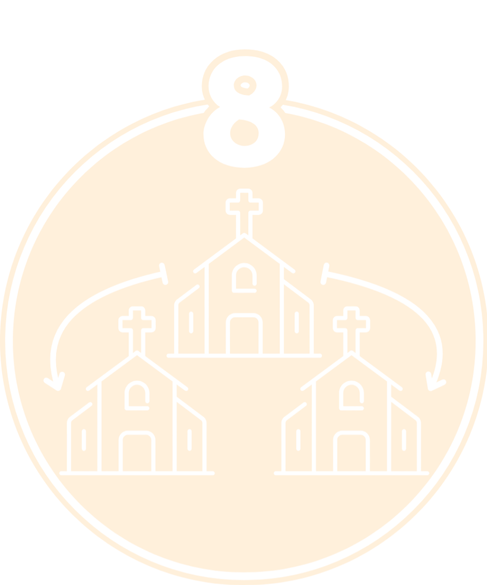 Illustration of three churches with crosses, showing the church's growth or expansion, represented by arrows connecting smaller churches to a larger central church, all within a circular frame.