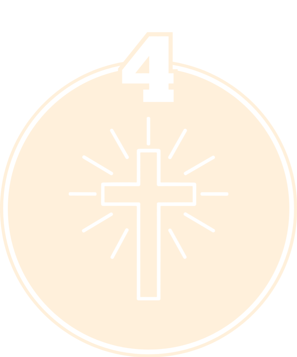 A circular icon with a black background, featuring a central cross with radiating lines, and a number four at the top.