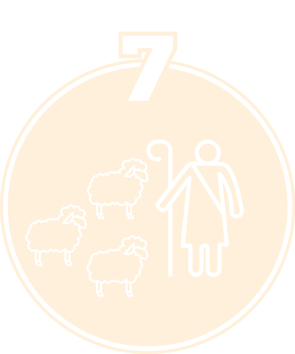 A stylized graphic of a woman with three sheep, holding a cane, within a circular frame with the number seven at the top.