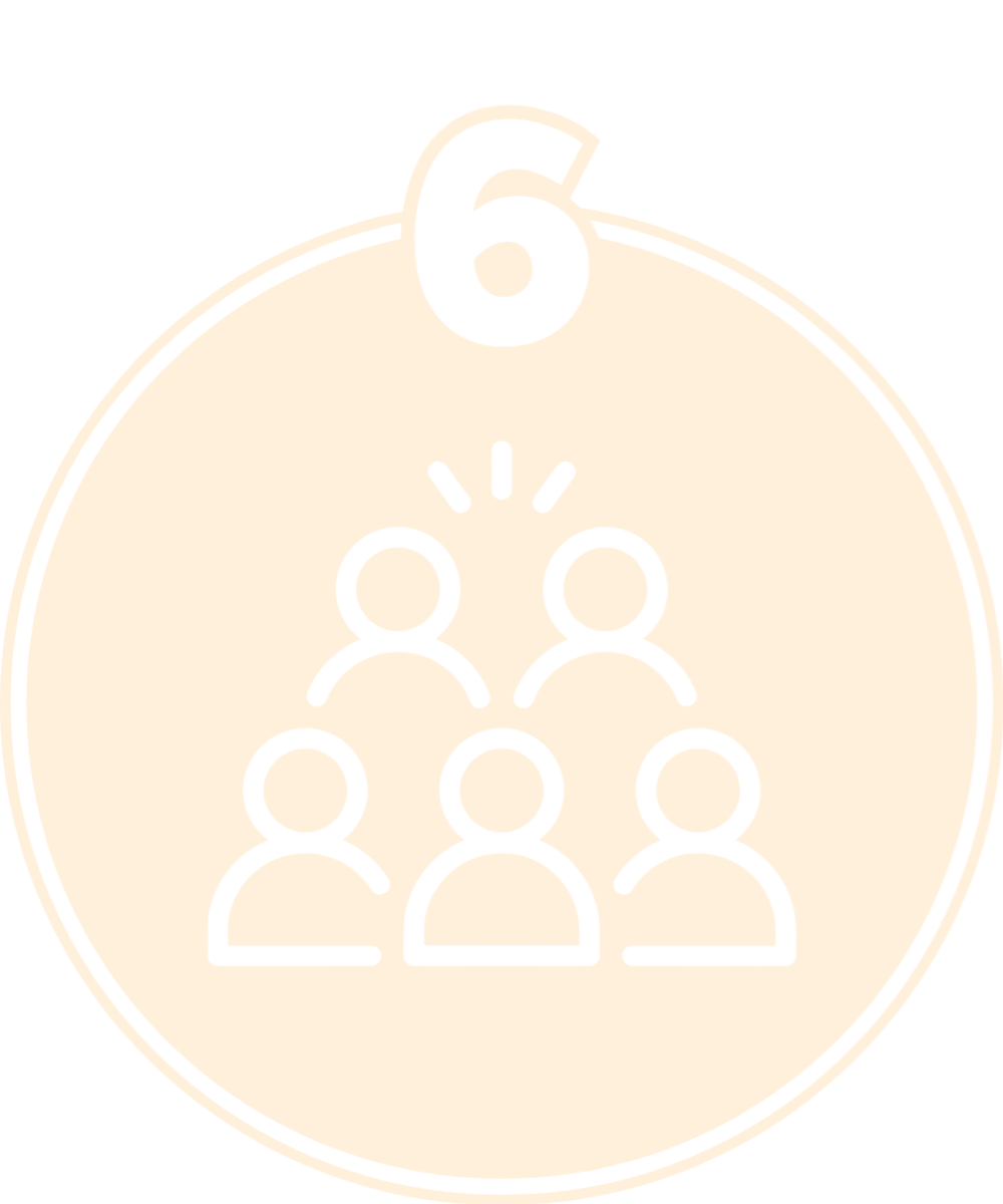 Number 6 badge with icons of six people, two in the top row and four below, indicating a group or team.