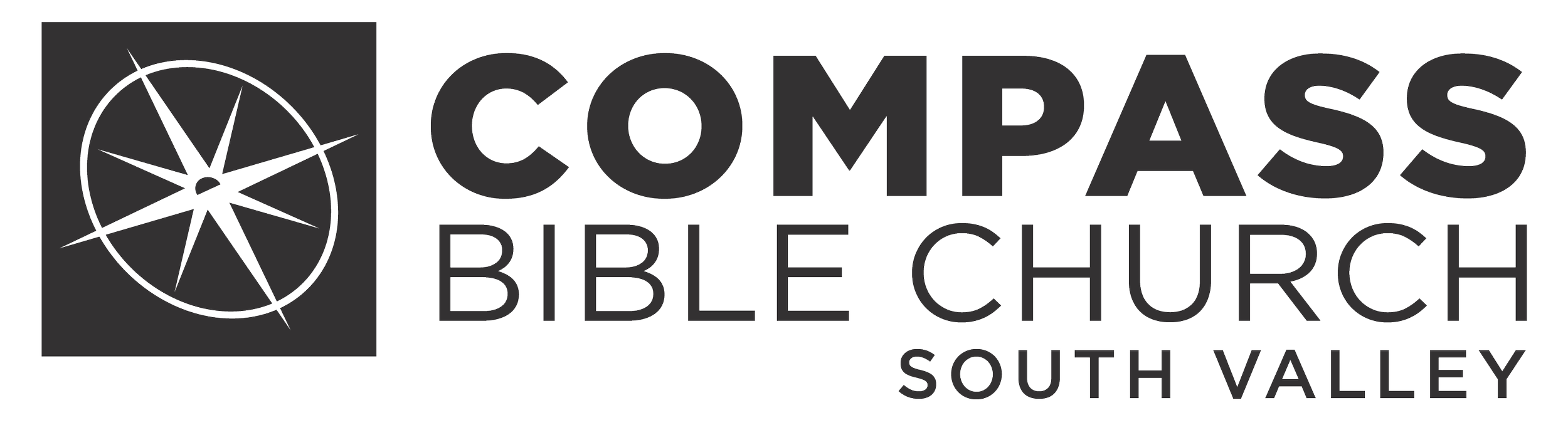 Logo for Compass Bible Church South Valley, featuring a stylized black compass rose within a square and the church's name in bold black text.