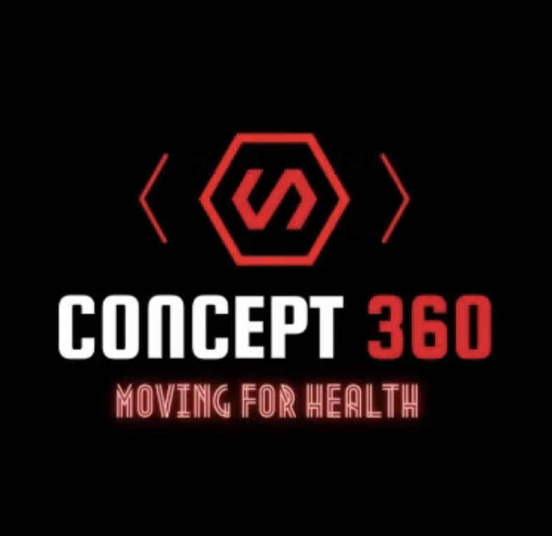 Logo noir avec un hexagone rouge contenant un symbole stylisé, le texte 'CONCEPT 360' en blanc et rouge, et la phrase 'MOVING FOR HEALTH' en rouge en dessous.