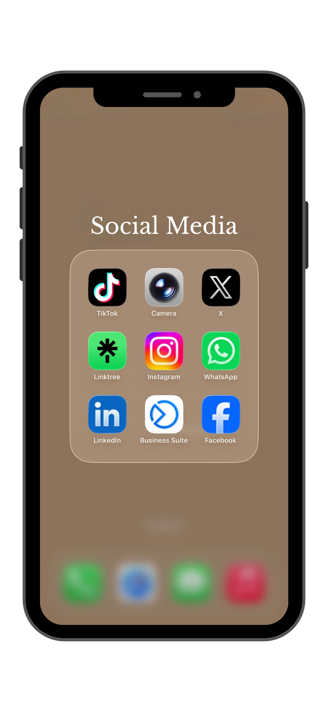 Screenshot of a smartphone home screen with a folder labeled 'Social Media' containing icons for TikTok, Camera, X, Linktree, Instagram, WhatsApp, LinkedIn, Business Suite, and Facebook.