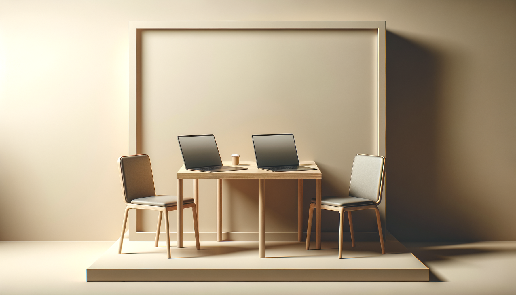 A minimalist scene with a wooden table, two laptops, two chairs, a coffee cup, and a neutral background with a large blank border.