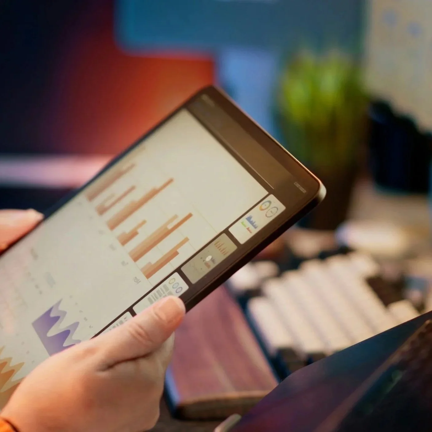 Person holding a tablet displaying graphs and charts, with a blurred background of books and objects on a desk.