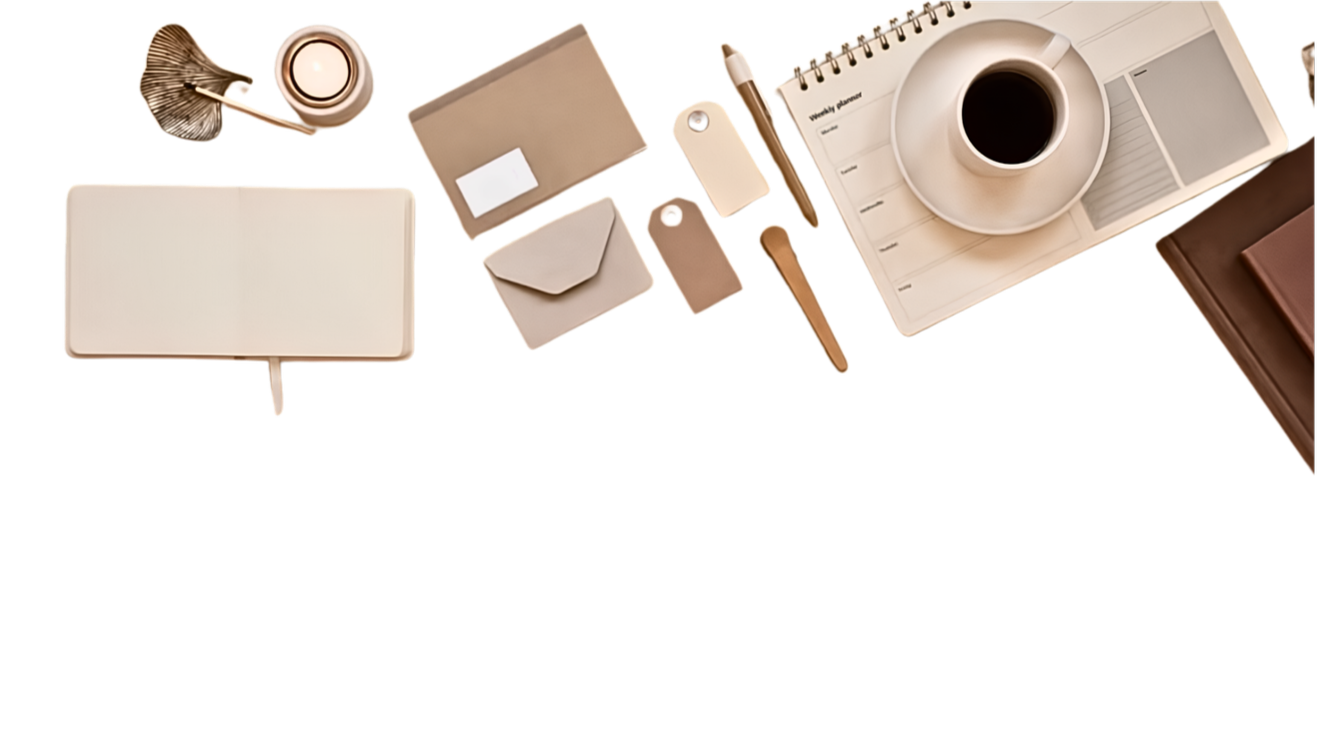 A top view of various office supplies including a disposable cup of coffee on a planner, a notebook, envelopes, pens, a cup of coffee on a notepad, a brown leather wallet, a fanned-out set of keys, and a small speaker, all arranged on a dark surface.