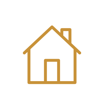 Icon of three houses, with the front house in brown and the two behind in white, on a black background.