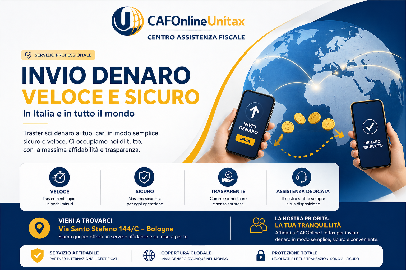 Infografica pubblicitaria di un servizio online di invio di denaro, con immagini di smartphone, mappa globale e monete, evidenziando caratteristiche come velocità, sicurezza, trasparenza e assistenza dedicata, con dettagli su indirizzo e priorità del servizio.