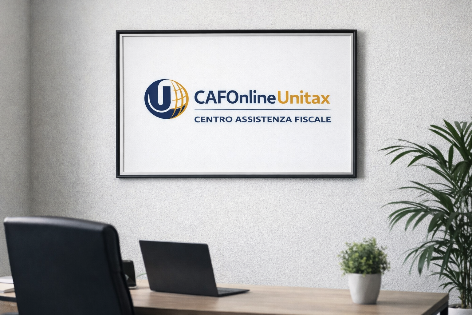 Sala d'ufficio con pareti bianche, scrivania, una sedia, un laptop e una pianta, con un grande schermo che mostra il logo di CAFOnline Unitax, centro assistenza fiscale.