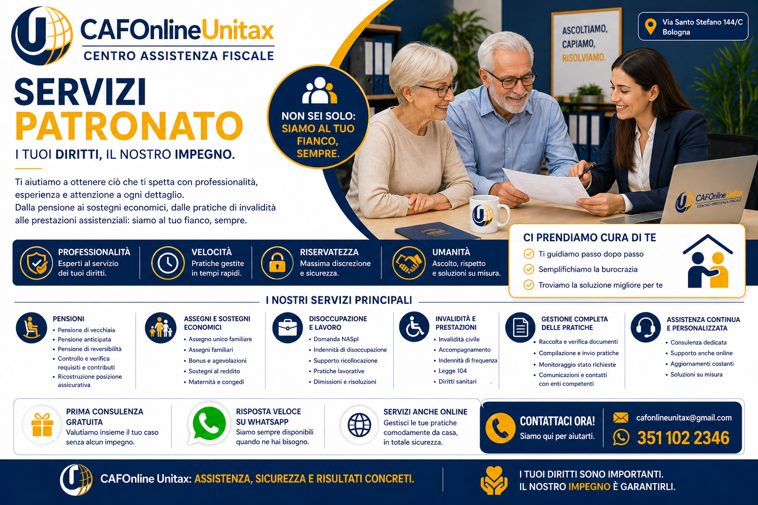 Locandina promozionale per il centro CAFOnline Unitax, che offre servizi di assistenza fiscale, pensioni, disoccupazione, invalidità, pratiche di invalidità, pratiche di pensione, supporto online e consulenza. Mostra un gruppo di tre persone che discutono e sorridono, con un desktop e una tazza sul tavolo. Include informazioni di contatto e slogan sull'importanza dei diritti e dell'impegno professionale.