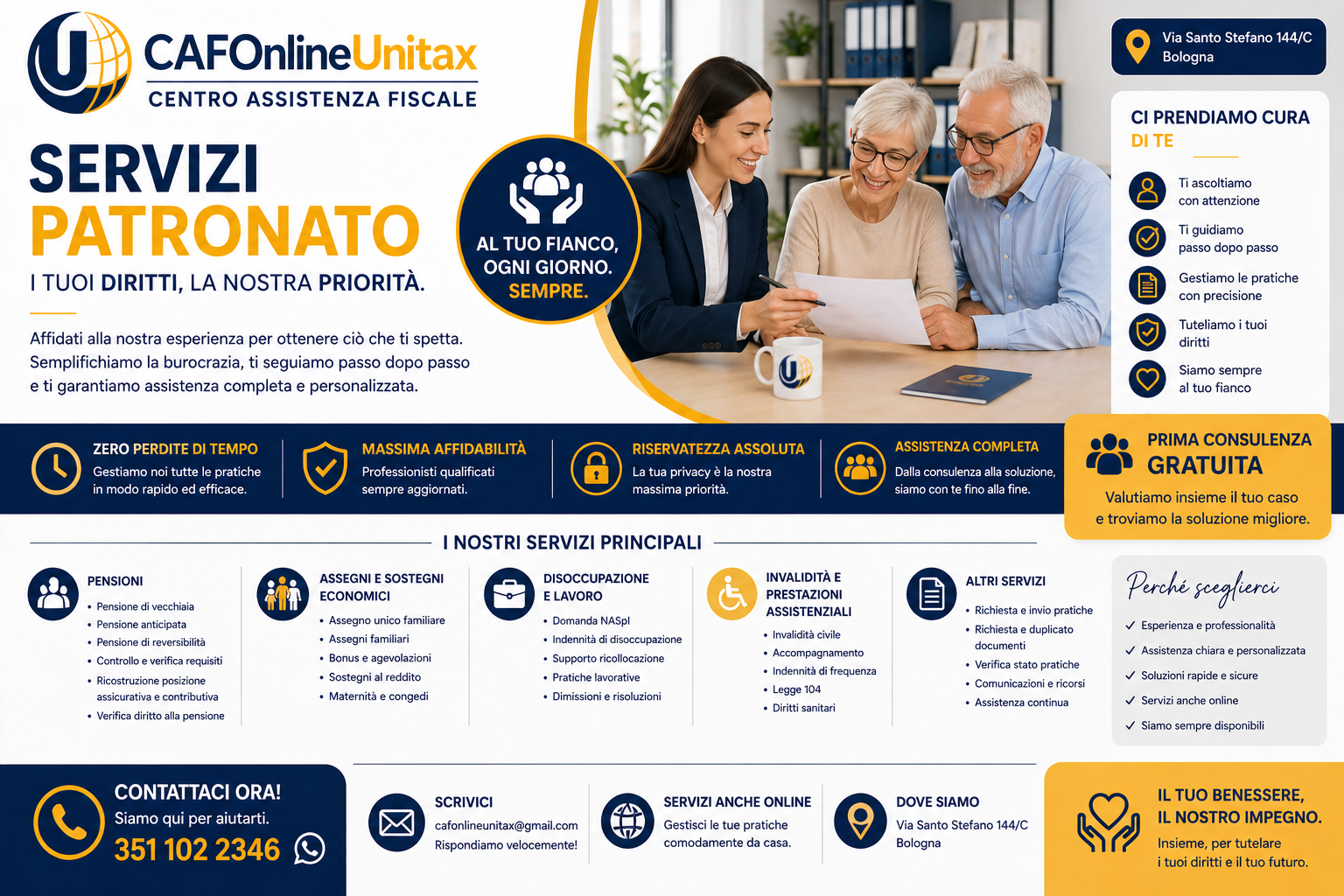 Locandina pubblicitaria di CAFO online Unitax, centro di assistenza fiscale a Bologna. Contiene informazioni sui servizi offerti, come pensioni, assegni, disoccupazione, invalidità, altri servizi, consulenza gratuita e assistenza online, con dettagli sui valori aziendali e i contatti.