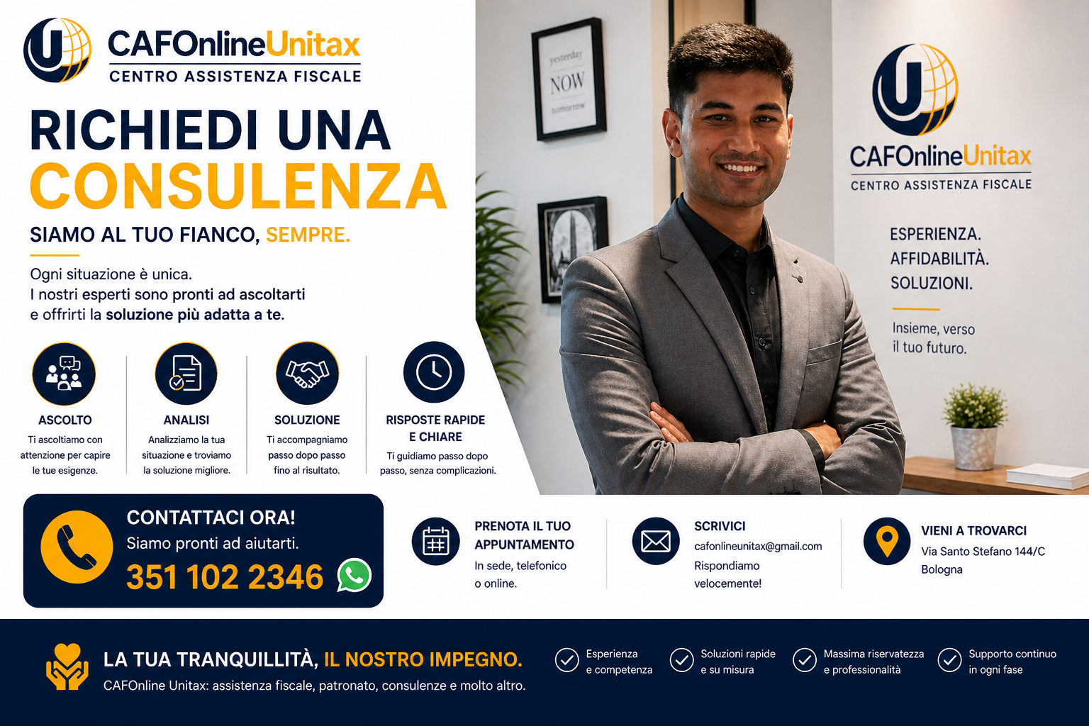 An advertisement for CAFOnlineUnitax, a tax assistance center, featuring a smiling professional man in a gray suit standing in an office. The ad emphasizes consulting services, with contact information, office address in Bologna, and icons indicating listening, analysis, solutions, and quick responses.