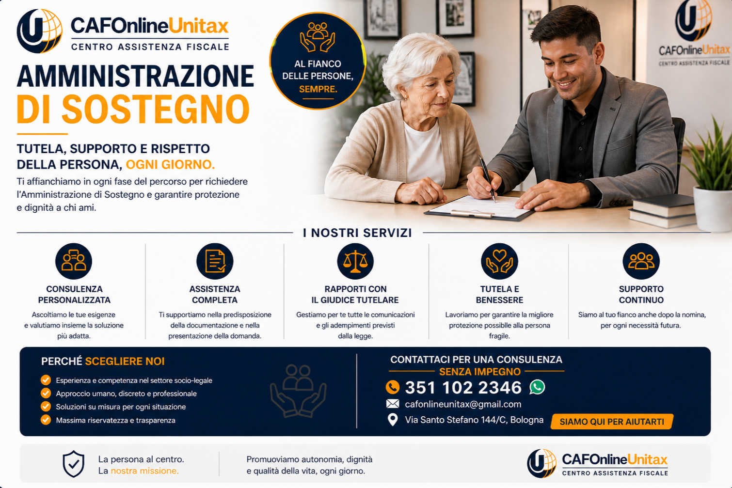 Informativa di un centro di assistenza fiscale con logo, servizi di supporto e consulenza personalizzata, immagine di un consulente che assiste una donna anziana, dettagli di contatto e invito all'azione.