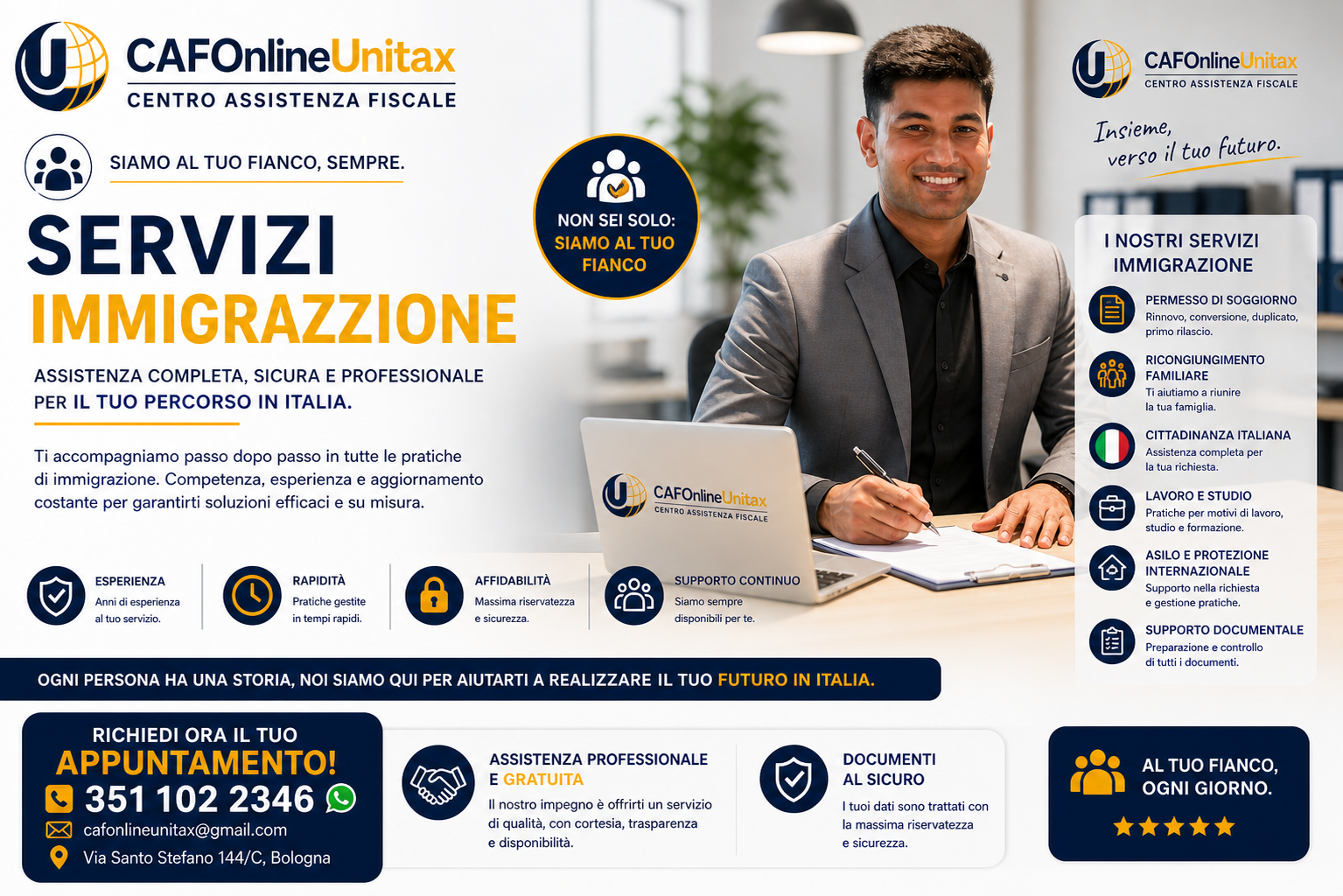 Banner pubblicitario di CAF Online Unitax per servizi di immigrazione, con un uomo sorridente in abito elegante seduto a un desk con laptop e documenti.
