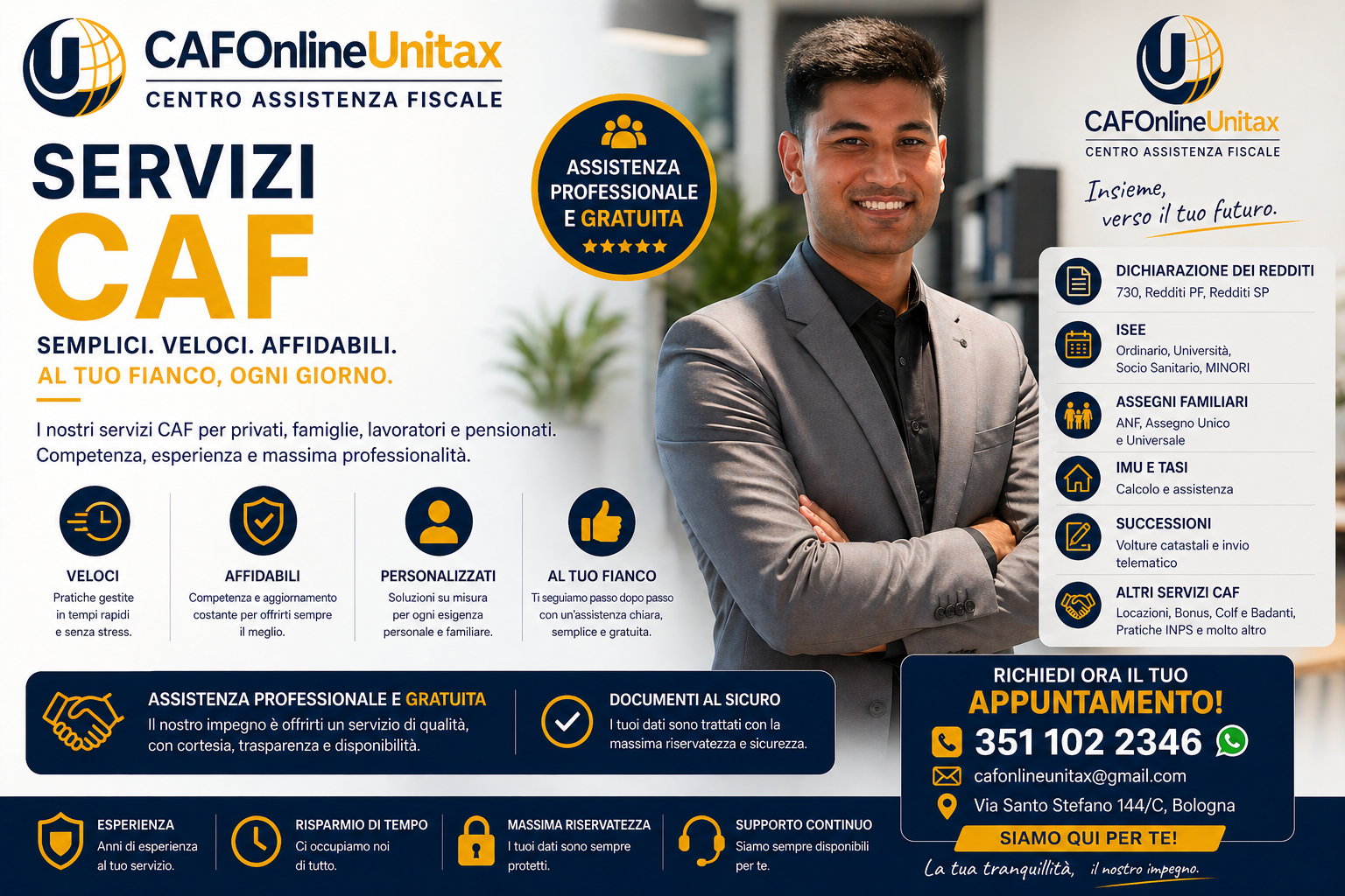 Infografica pubblicitaria di CAF Online Unitax, servizi fiscali e assistenza professionale gratuita, con immagine di un uomo sorridente in abito grigio e sfondo di ufficio.