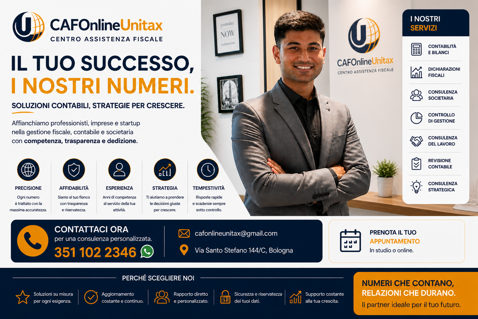 Pubblicità di servizi fiscali e contabili di CAFOonlineUnitax, con un uomo sorridente in giacca grigia, sfondo di ufficio con quadri e piante, testo su servizi e contatti.