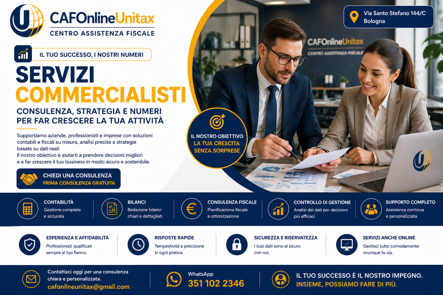 Immagine di un volantino pubblicitario per il centro di assistenza fiscale CAFOlineUnitax a Bologna, che offre servizi di consulenza, strategia e numeri, con un'immagine di due persone in un ufficio che discutono di lavoro, e dettagli dei servizi offerti.
