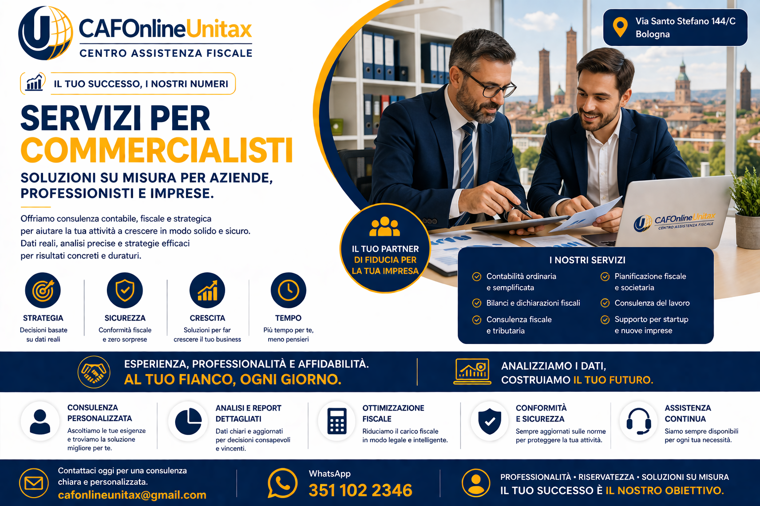 Banner pubblicitario di CAFOnlineUnitax, centro assistenza fiscale a Bologna. Include immagine di due uomini in abiti business all'ufficio e dettagli su servizi di consulenza fiscale e contabile.