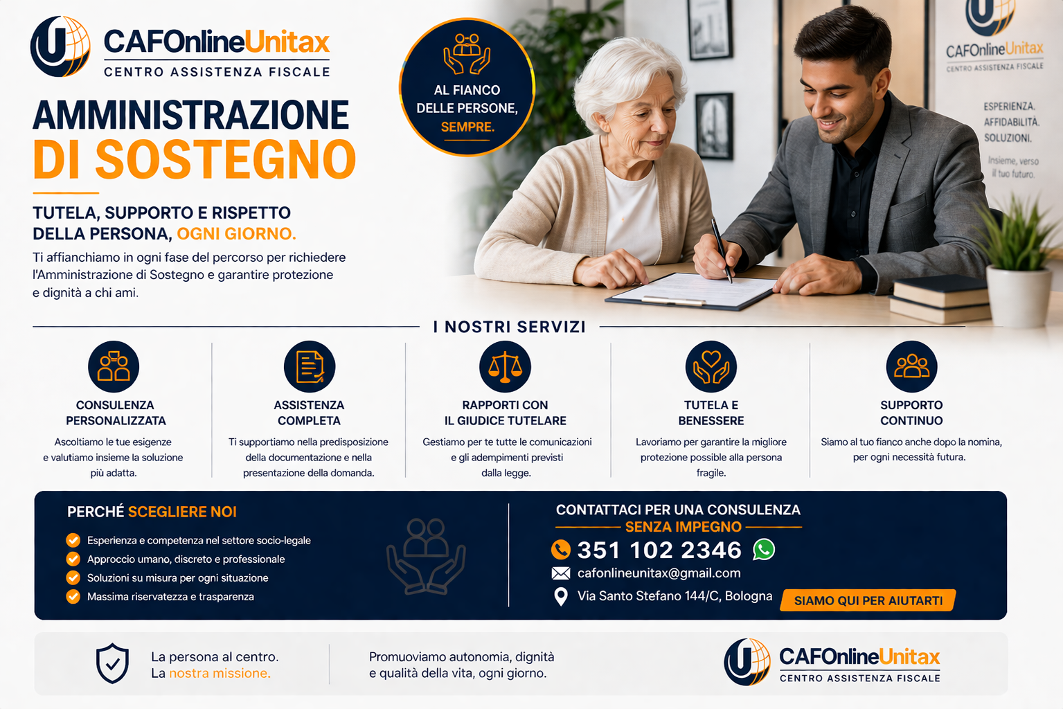 Poster promozionale per il centro di assistenza fiscale CAFOnlineUnitax. Mostra un'immagine di due persone mentre si consultano, con testo informativo sui servizi offerti come consulenza personalizzata, assistenza completa, rapporti con i giudici tutelari, tutela e benessere, supporto continuo. Include dettagli di contatto, indirizzo, e invito all'azione con un bottone arancione.