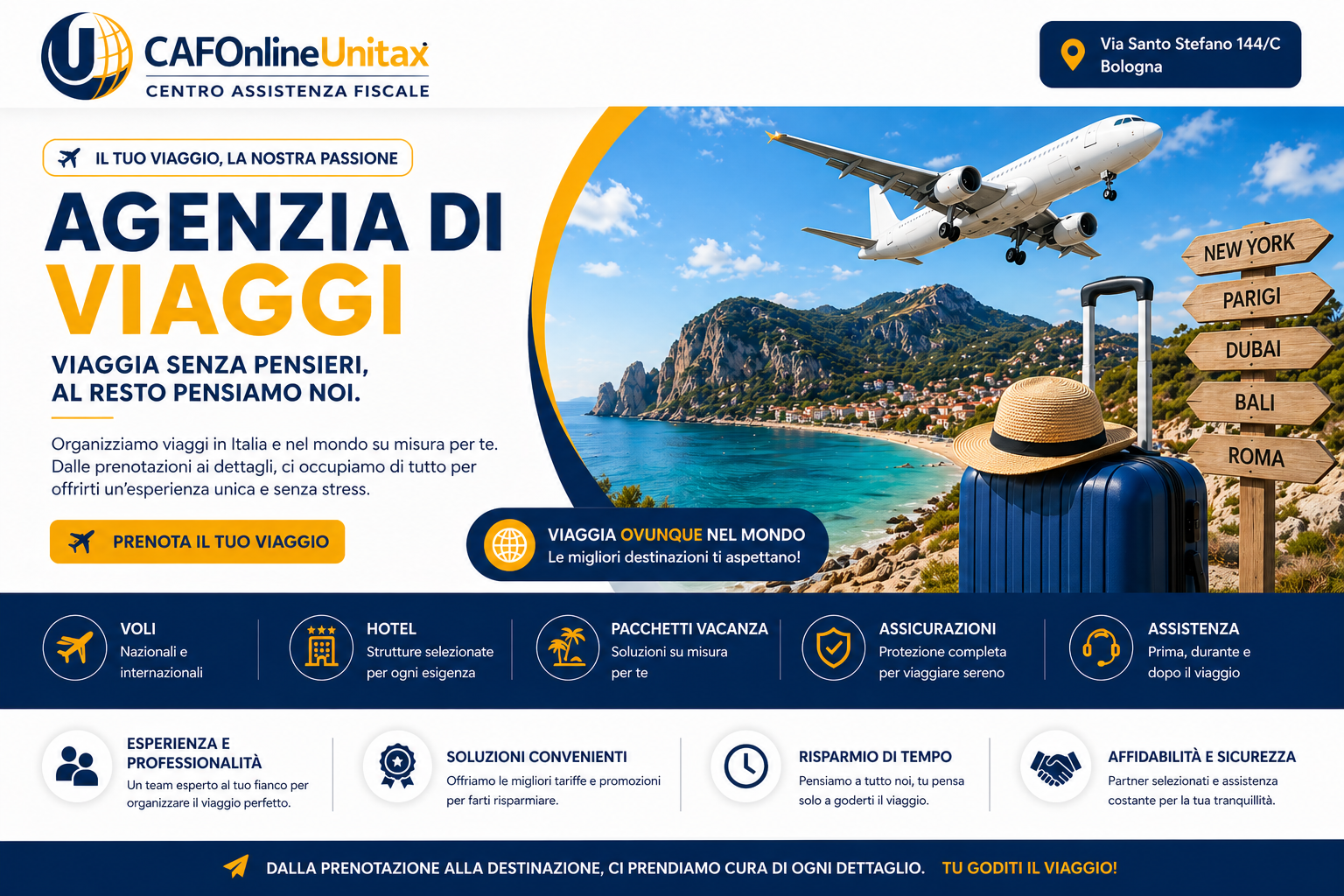 Pubblicità di un'agenzia di viaggi con un aereo sopra un paesaggio di mare e montagne, valigia con cappello nella spiaggia, cartelli con destinazioni come New York, Parigi, Dubai, Bali, Roma. Contiene informazioni sui servizi offerti e un pulsante per prenotare un viaggio.
