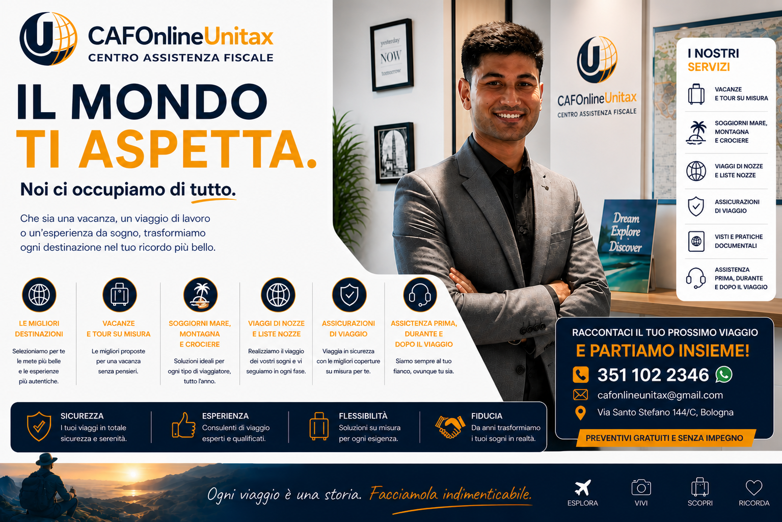 Poster pubblicitario di un'agenzia di viaggi e servizi di assicurazioni di viaggio. Include un uomo sorridente in giacca grigia con sfondo di un ufficio, con scritte promozionali e dettagli di contatto.
