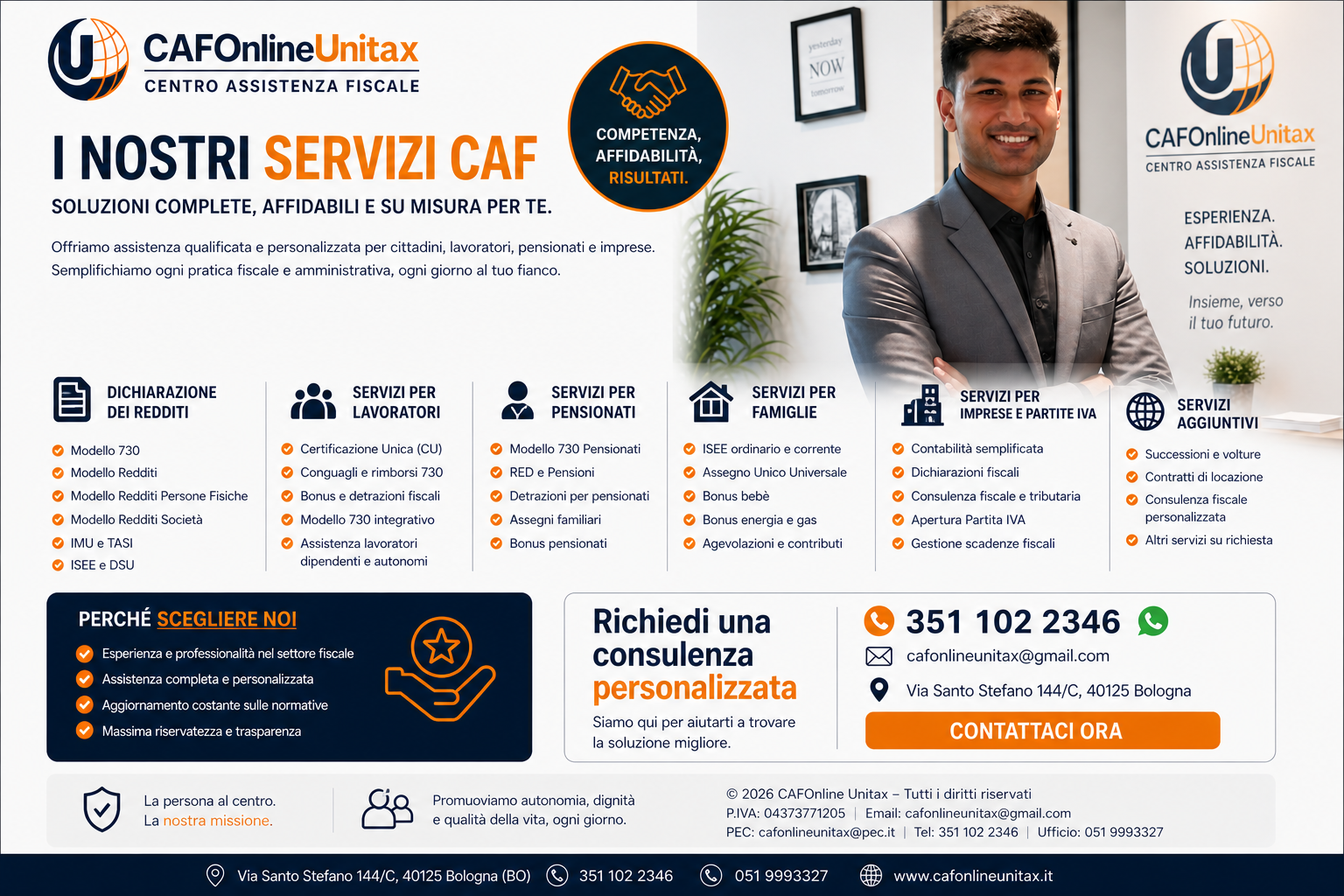 Infografica di servizi fiscali di CAFOnline Unitax, evidenziando offerte come dichiarazioni dei redditi, servizi per lavoratori, pensionati, famiglie, aziende e servizi aggiuntivi, con contatti telefonici e email, e la sede a Bologna.