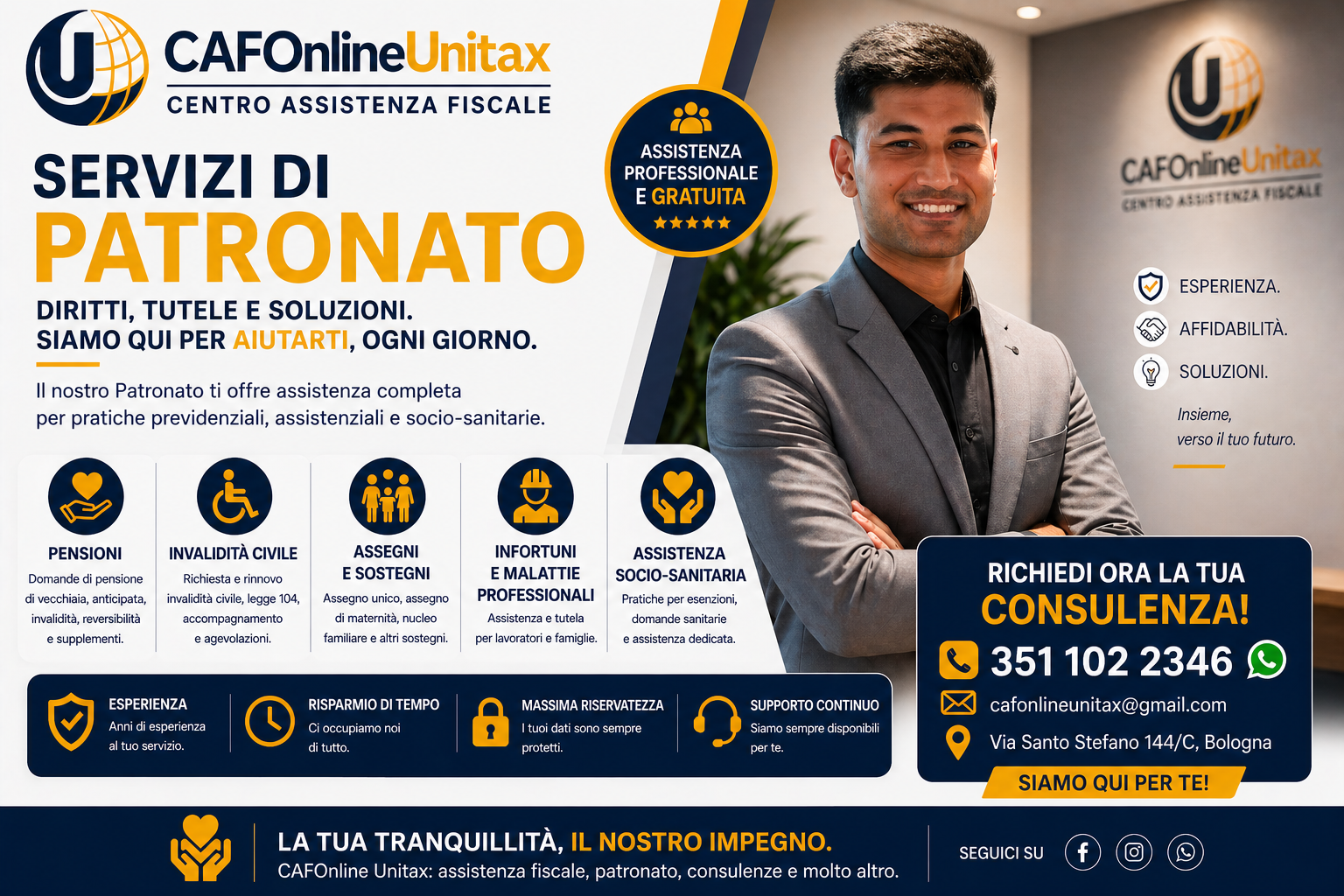 Volantino pubblicitario di CAFOnlineUnitax, centro assistenza fiscale, con dettagli sui servizi offerti come pensioni, invalidità, assegni, infortuni e sostegni socio-sanitari, indicazioni di contatto, e un'immagine di un uomo in giacca sorridente.