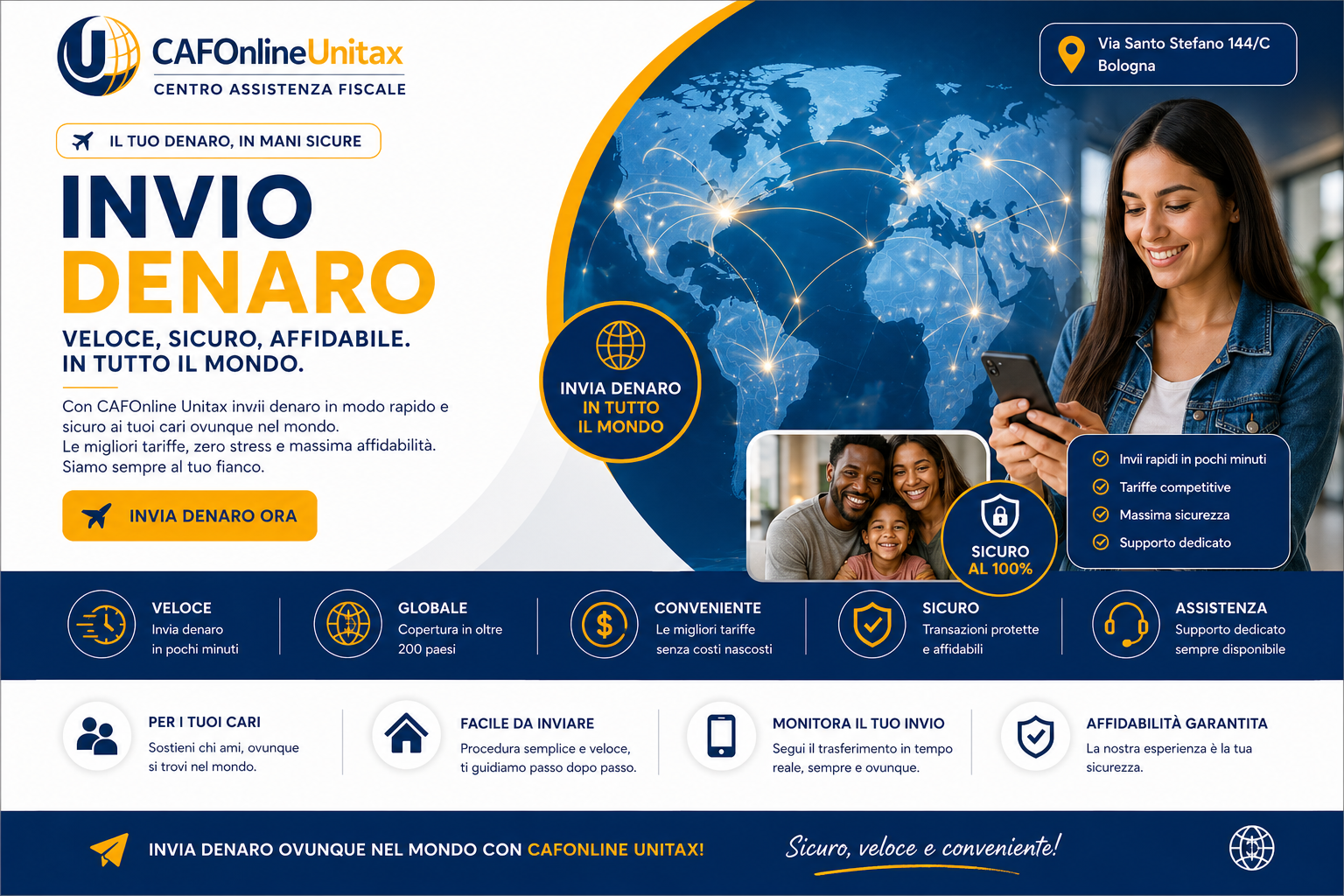 Pubblicità di un servizio di invio di denaro online chiamato CAFOnline Unitax, con un'illustrazione di una donna che usa il telefono, una famiglia felice e una mappa mondiale che evidenzia le transazioni globali, con dettagli sui vantaggi e la copertura del servizio.