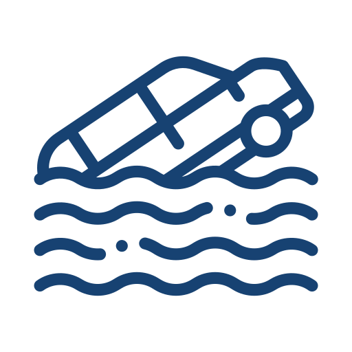 Icon of a sinking car partially submerged in water.