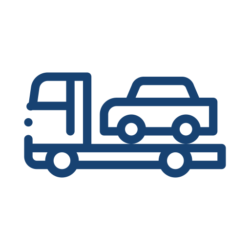 Blue outline icon of a tow truck carrying a car.