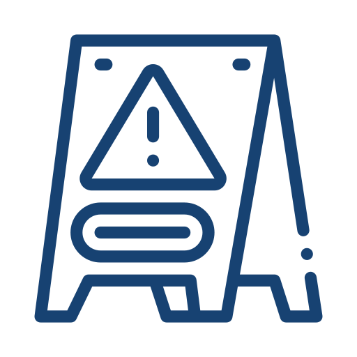 Blue caution sign with exclamation mark inside a triangle and a horizontal line below, indicating a warning.