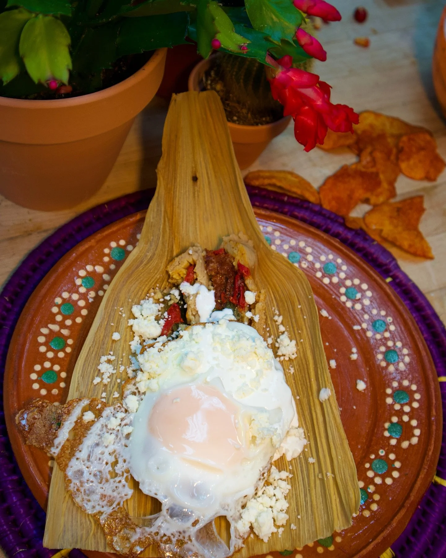 Traditional Mexican dish served on a wooden leaf-shaped plate, featuring a fried egg, crumbled cheese, and stuffed tortilla, with potted plants and tortilla chips in the background.