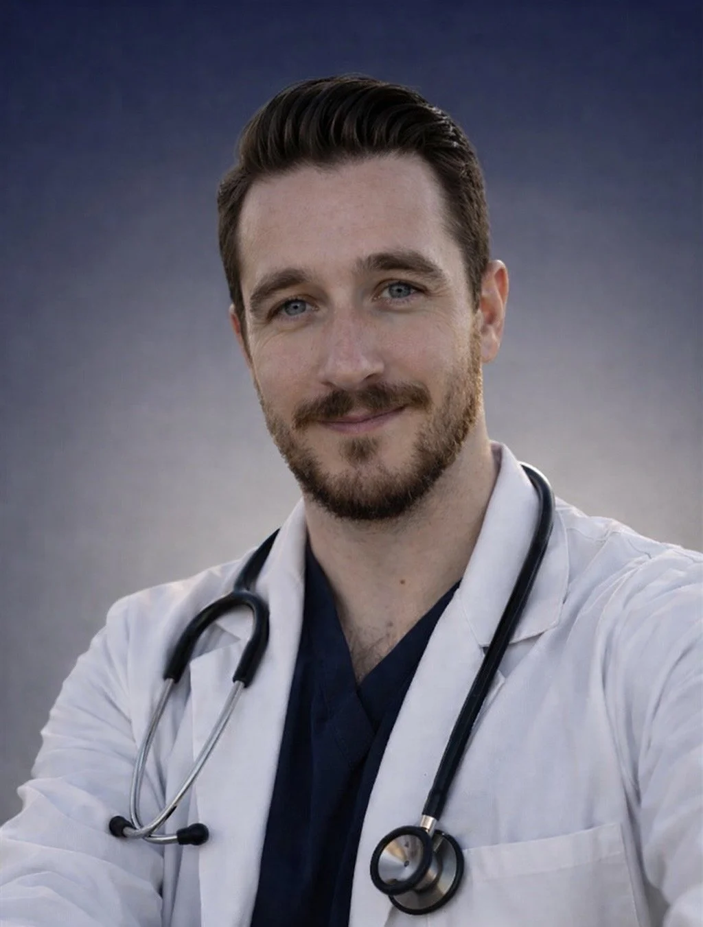 Portrait of a smiling male doctor with blue eyes, brown hair, and a beard, wearing a white coat and a stethoscope around his neck, against a blurred dark background.