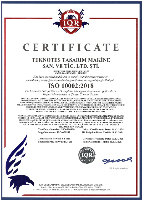 ISO 10002:2018 customer satisfaction certification for Teknotes Group slaughterhouse equipment