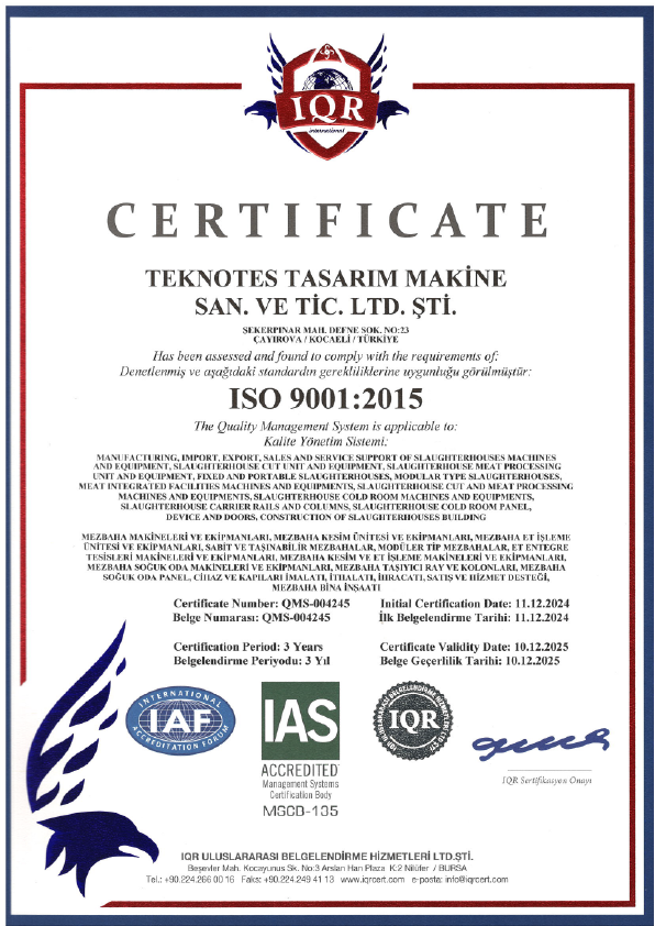 ISO 9001:2015 quality management certification of Teknotes Group slaughterhouse systems manufacturing