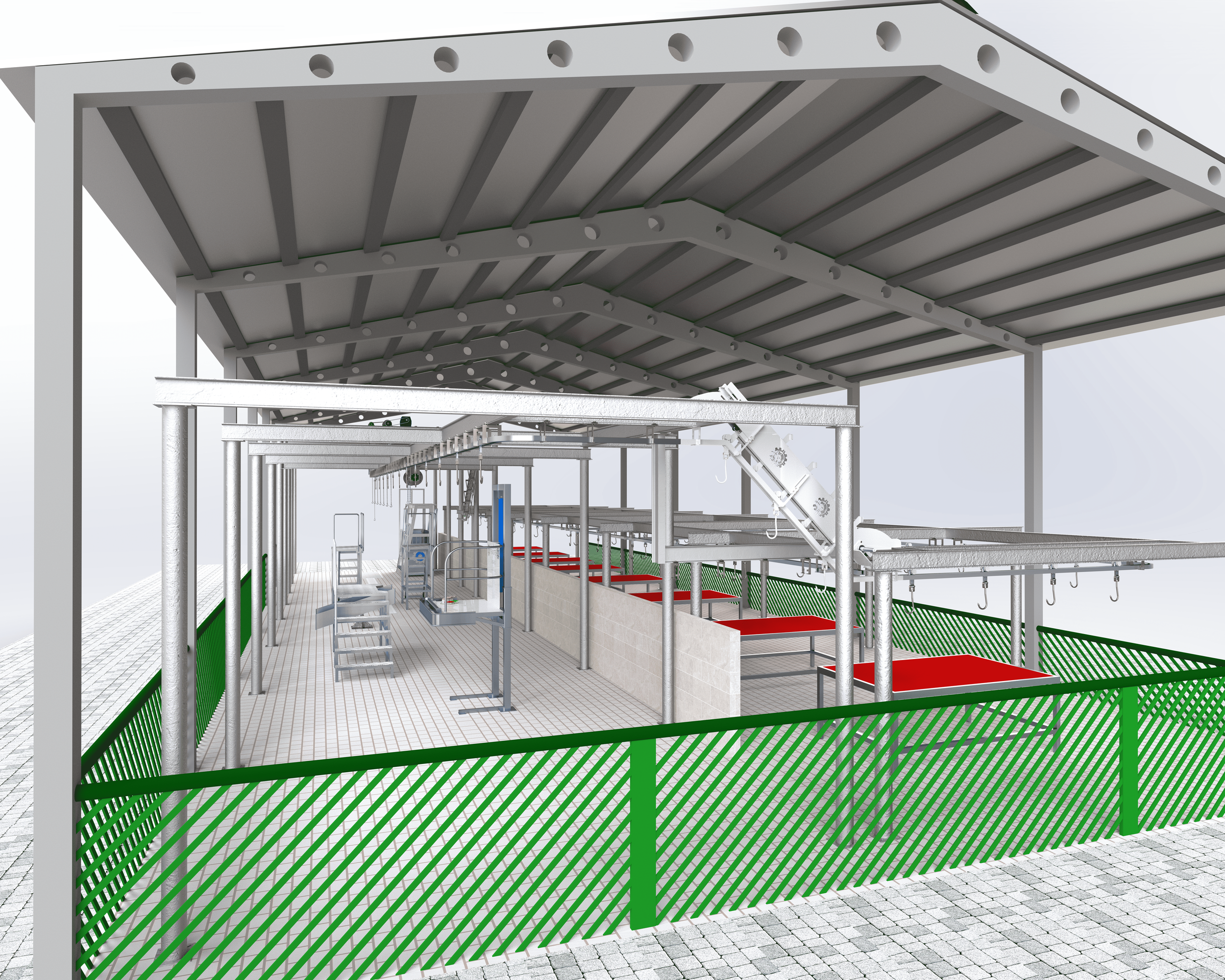 Rendering of an outdoor animal shelter or pet pen with a metal frame, a roof, and a green fence, featuring multiple red beds or platforms and hanging hooks, situated on a paved surface.