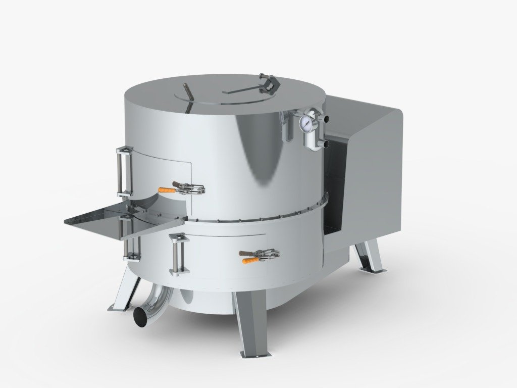 A metallic industrial machine, possibly a food or pharmaceutical processing equipment, with a cylindrical body, multiple clamps, a gauge, and a small attached tray or chute.