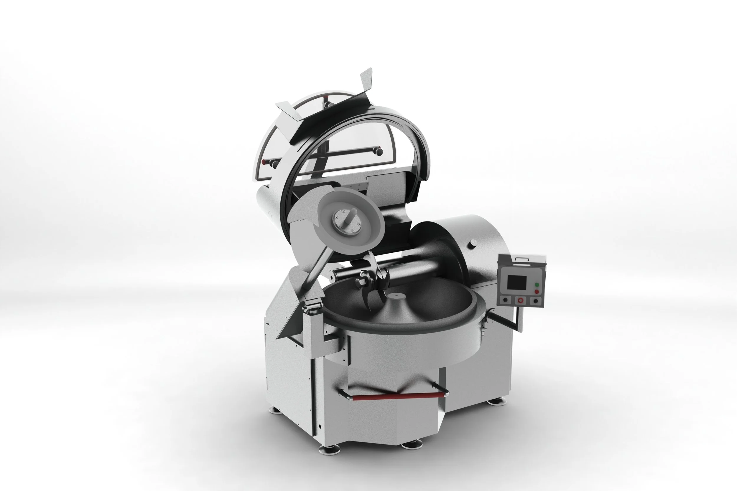 A commercial meat slicer machine with a digital control panel, adjustable blade, and slicing platform.