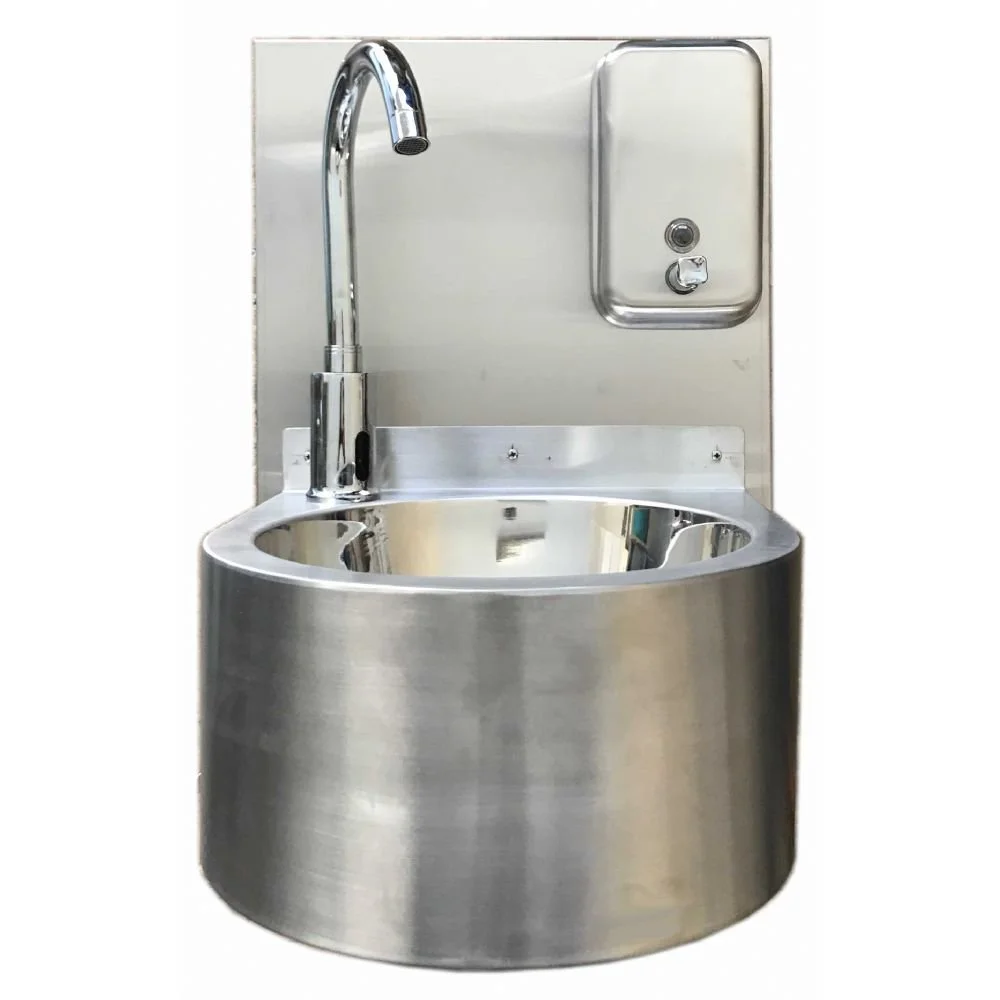 Stainless steel handwashing sink with a high-arc faucet and a soap dispenser mounted behind.