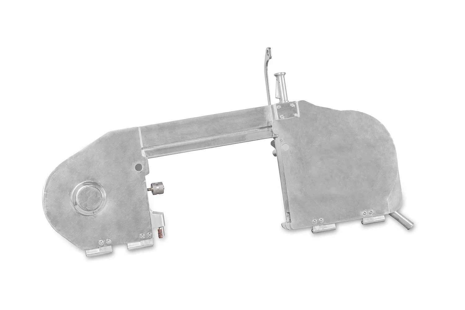 A metallic mechanical part with various screws, a round wheel, and levers, possibly a component of industrial machinery.